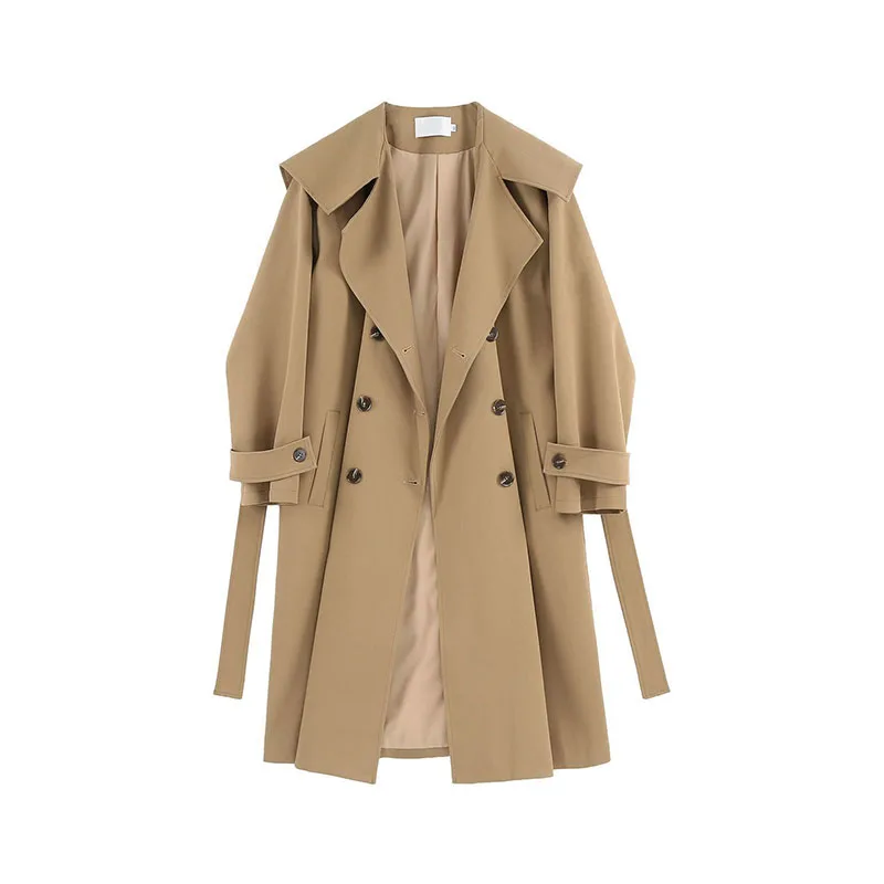 

Elegant Mid-Length Women Trench Coat With Belt Khaki Black Spring Autumn Lapel Double-breasted Long Sleeve Windbreaker Outerwear