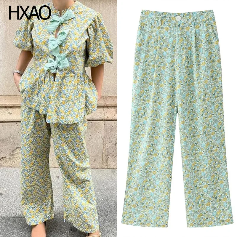 

HXAO Green Print Pants Woman Trouser Sets High Waist Wide Pants Fashion Slacks Korean Style Baggy Pants Summer Pants 2024