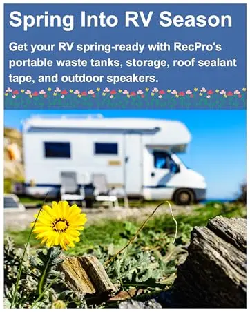 Get ready with RecPro's portable waste tanks, storage, roof sealant tape, and outdoor speakers.