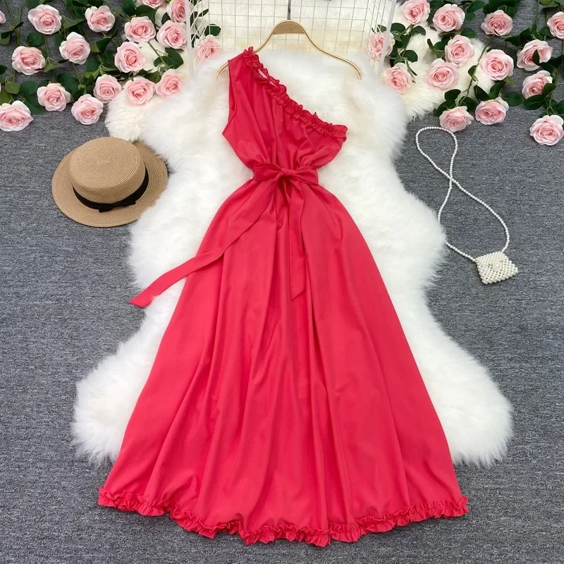

Women Dress 2024 New Summer Fashion One-Shoulder Sash Bandage Party Long Dress Pop Streetwear Outfits Beach Vestido