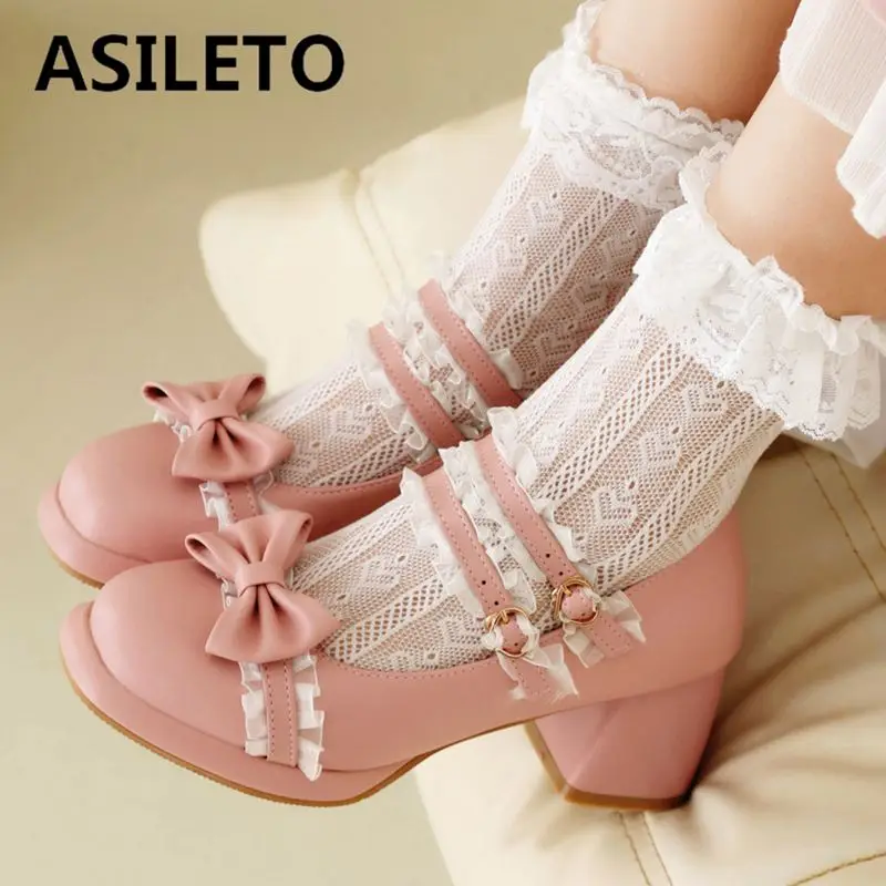 

ORCHA LISA Sweet Female Pumps Round Toe Block Heel Double Buckle Strap Bowknot Plus Size 41 42 43 Lolita Style Dress Girls Shoes