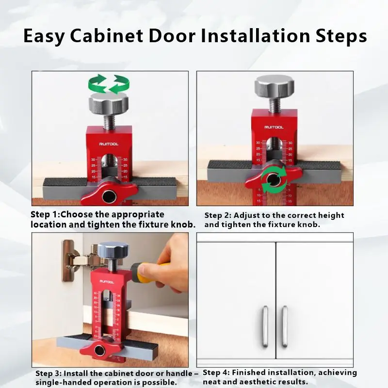 Carpentry Adjustable Aluminum Alloy Cabinet Door Lift & Drill Aid Jig Positioning & Hole Drilling Tool for Cabinet Installation