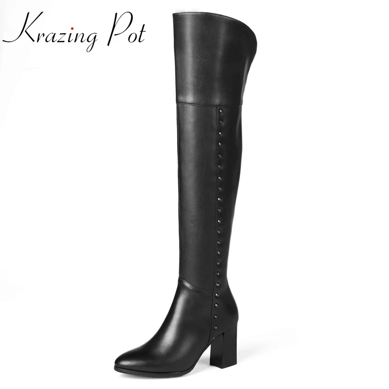 

Krazing Pot Plus Size Genuine Leather Pointed Toe High Heel Long Boots Office Lady Mature Fashion Zipper Over-the-knee Boots L41
