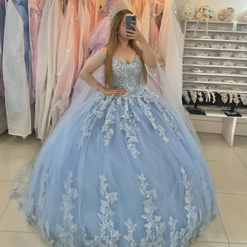

Sky Blue Shiny Quinceanera Dresses Beading With Cape Off Shoulder Sparkling Crystal Beads Bow Vestidos De 15 Anos Corset Back