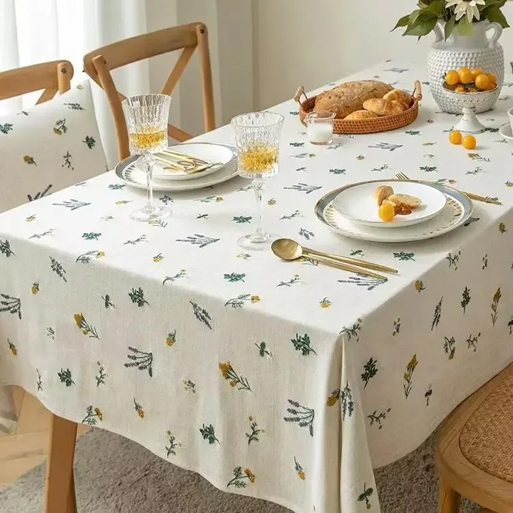 Embroidery Floral Pattern Cotton Linen Tablecloth Luxury for Home Dining Party Kitchen Coffee Picnic Indoor Outdoor Table Decor