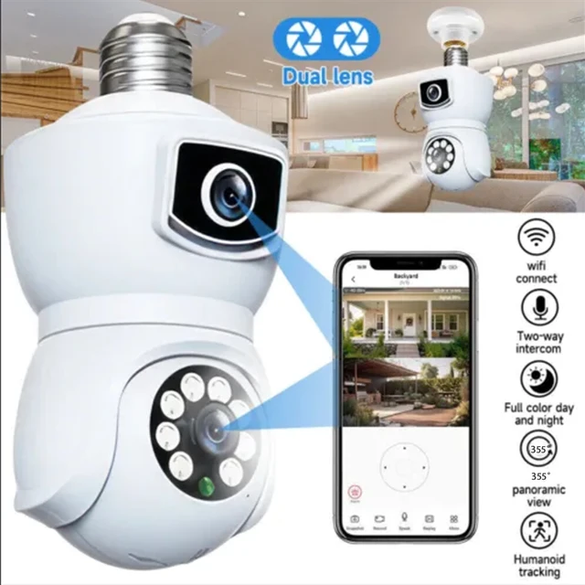 4K 8MP E27 Bulb WiFi Camera Dual Lens Dual Screen Auto Tracking Two Way Audio Color Night Vision Outdoor Security Camera 5