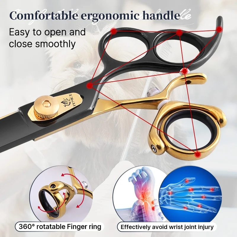 Fenice Professional Dog Scissors JP440C 7.0/8.0 inch 3-hole handle swivel black gold straight cutting pet grooming scissors dog grooming scissors