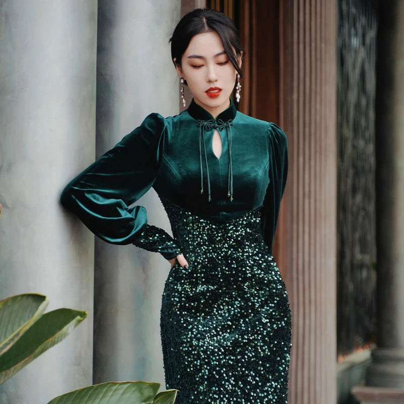 

Simeizi HANFU Green Velvet Dress for Women's Clothing 2023 Autumn and Winter Mosaic Retro Slim Cheongsam Female