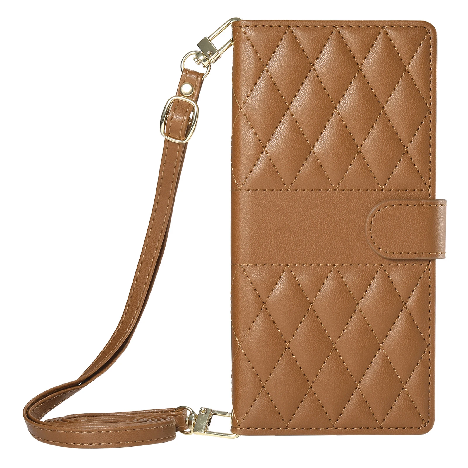 Crossbody Leather Card Slot Wallet with Grid Lanyard Flip Cover
