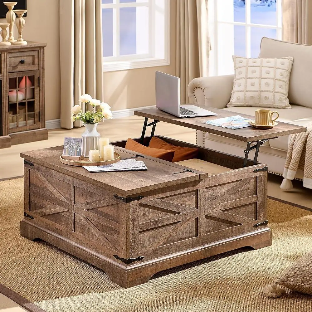 Farmhouse Lift Top Coffee Table with Storage Rustic Square Center Table Hidden Compartment Easy Assembly Durable Wood Design 2