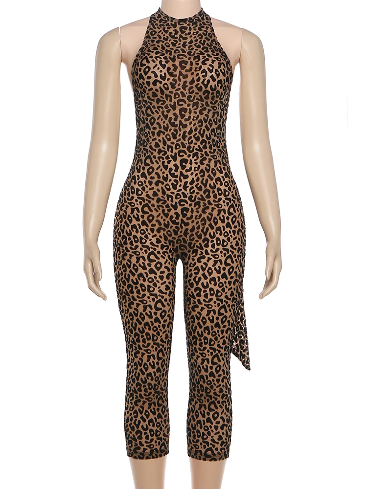 Nibber Sexy Leopard Print Romper Women Flocking Backless Tight Bandage Midnight Hipster Street Activity Sleeveless Playsuits