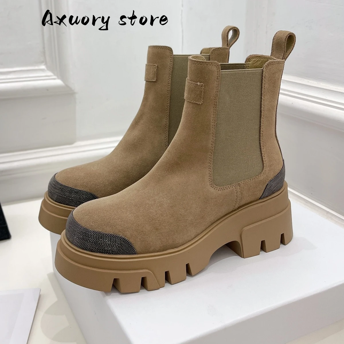 

2023 New Motorcycle Boots Women Chain Decoration Round Toe Chelsea Boots Woman Flat Platform Shoes Casual