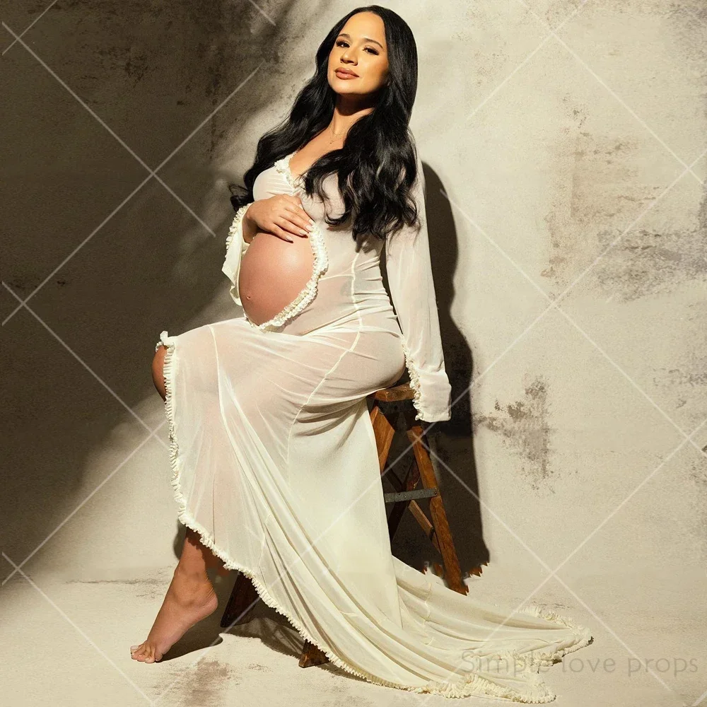 

Maternity Dress Gown For Photo Shoot Sexy Transparent Ruffle Pregnant Woman Belly Hollowed Out Long Sleeved Baby Shower Dress