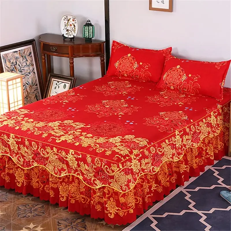 Bed Skirt Cotton Bedspread Set Embroidery Pillow Cases 3 Pieces/Set For King/Queen Double 1.5/1.8/2M Sheet Cover bed skirt