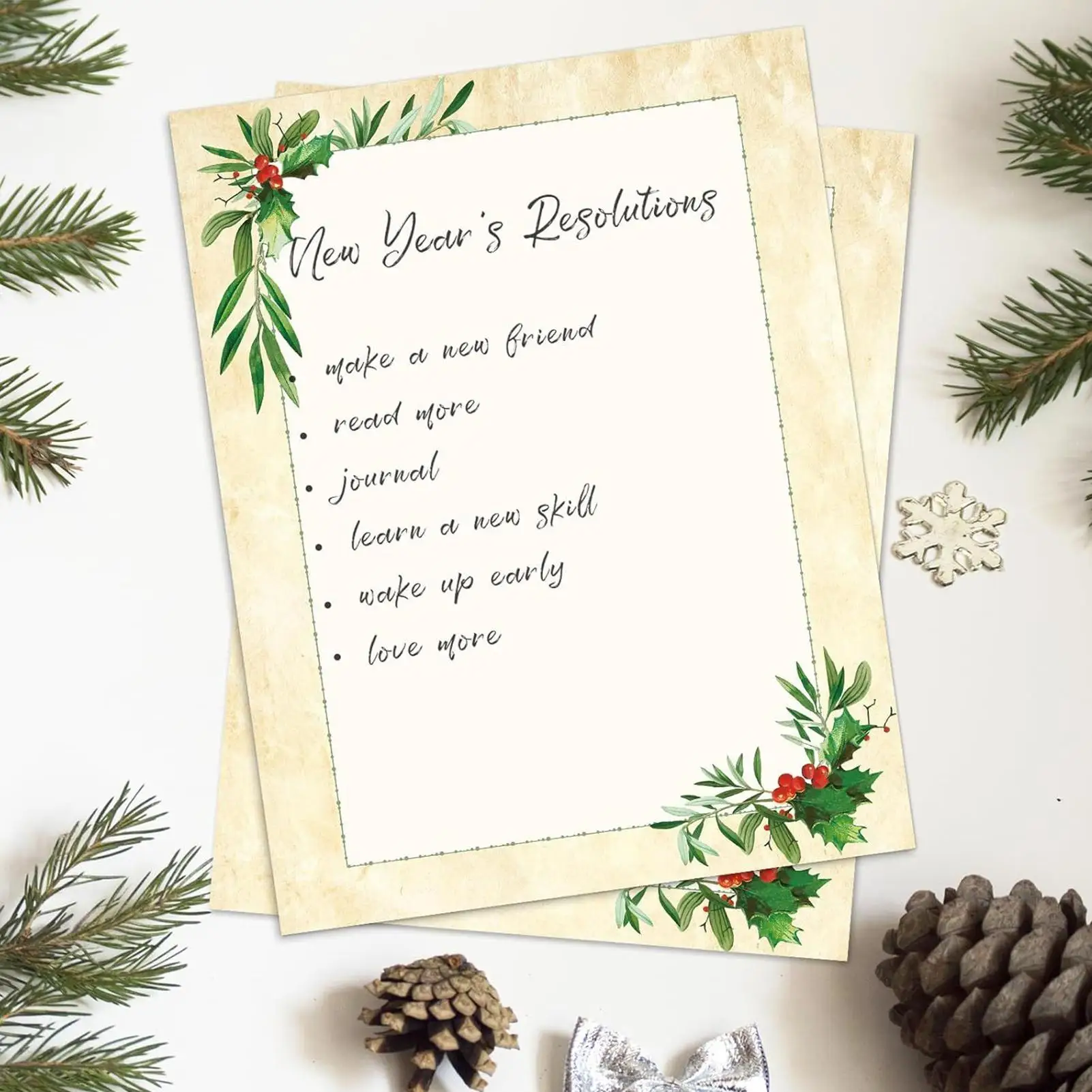 크리스마스 프린터 용지 50장 테두리 디자인 축제용 용지 휴일 문구 용지 편지 메모 작성용 웨딩용