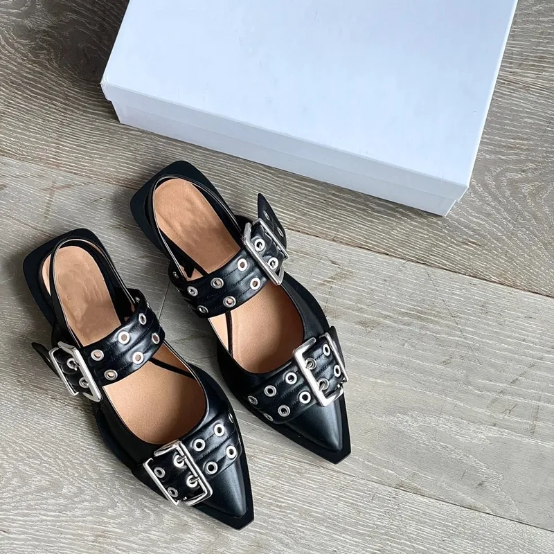 

Chunky Buckle' Ballet Flats Women Pointed Toe Retro Slingback Mary Janes Shoes For Ladies Cut-outs Shallow Footwear 2023 Brand