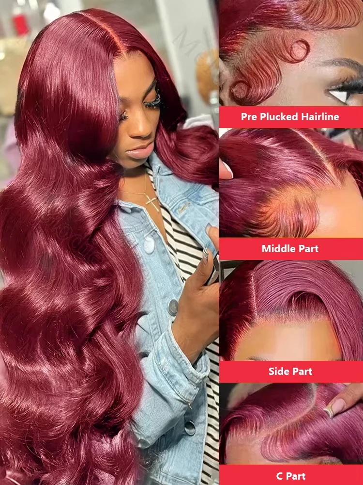 34 Inch 99J Burgundy Lace Front Wigs Human Hair 13x4 HD Transparent Body Wave Lace Front Wigs Human Hair Pre Plucked 4