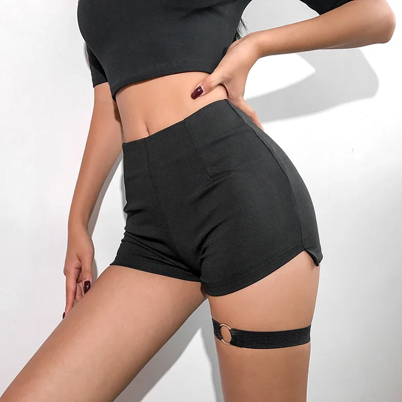 Women High Waist Shorts Black Sexy Pants Gothic Punk Sexy Leg Loop Garter with Metal Chain Streetwear