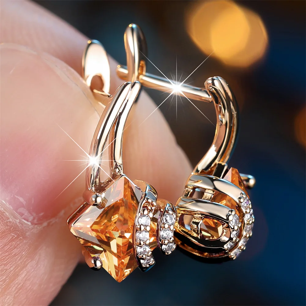 Geometric Champagne Crystal Square Stone Hoop Earrings For Women Vintage Gold Color Ear Buckle Wedding Jewelry Engagement Gifts