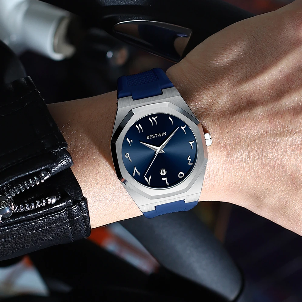 BESTWIN Fashion Luxury Arabic Men's Quartz Watch Business Casual Silicone Strap Mens Wristwatch Family Friends Birthday Gifts