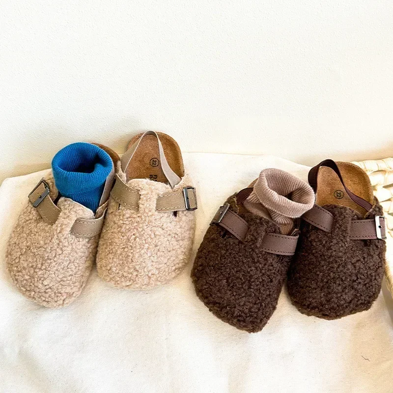 Children's Fleece Elastic Clogs Baby Boys Girls Plush Slipper Toddler Prewalker Footwear Winter Warm Soft Sole Shoes 3