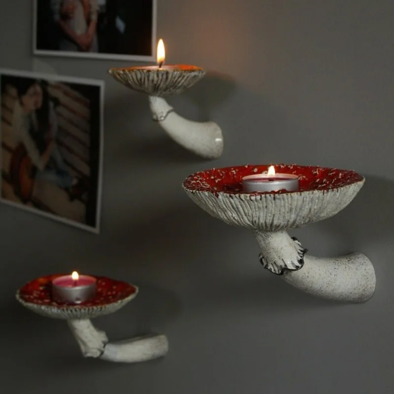 Mushroom Head Candle Holder Wall Mounted Floating Shelf Resin Wall Storage Tray Indoor Decorations candle holders
