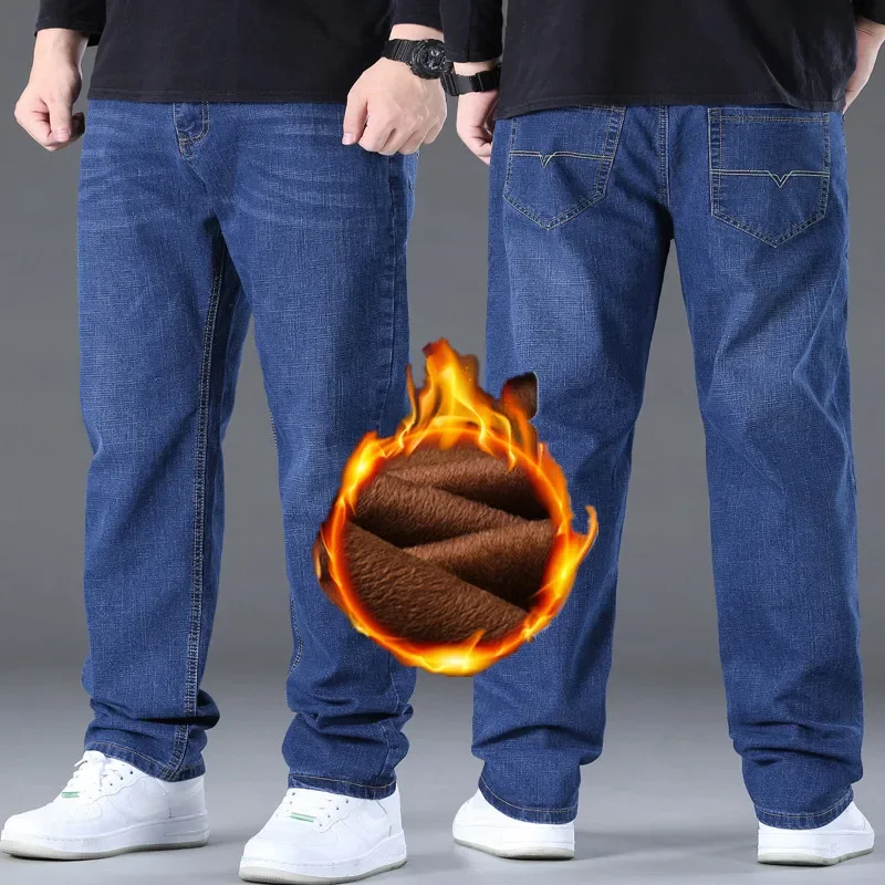 Plus Size Men's Casual Warm Jeans Winter Fleece-Lined Thickened Straight-Leg