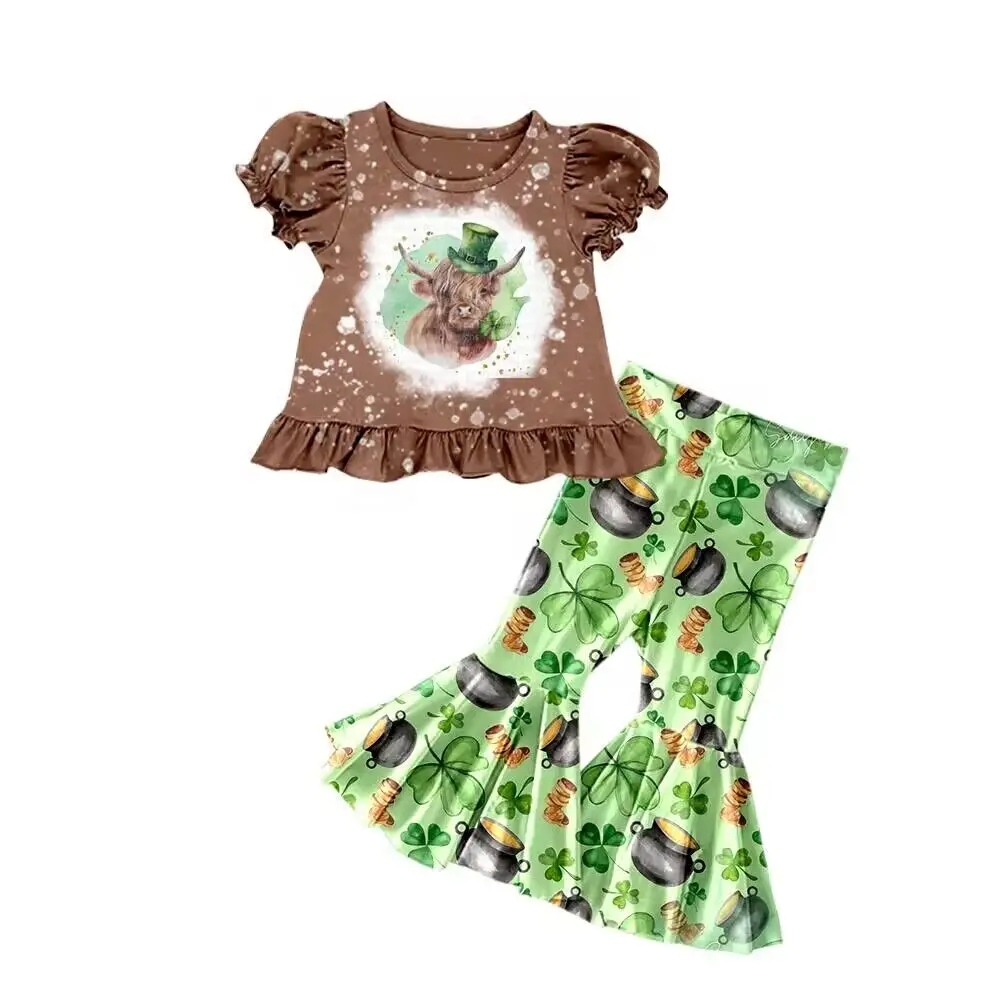 

Hot Sale St. Patrick Suit Short Sleeve Flare Pants Western Cow Print Shamrock Top Baby Holiday Outfit Wholesale