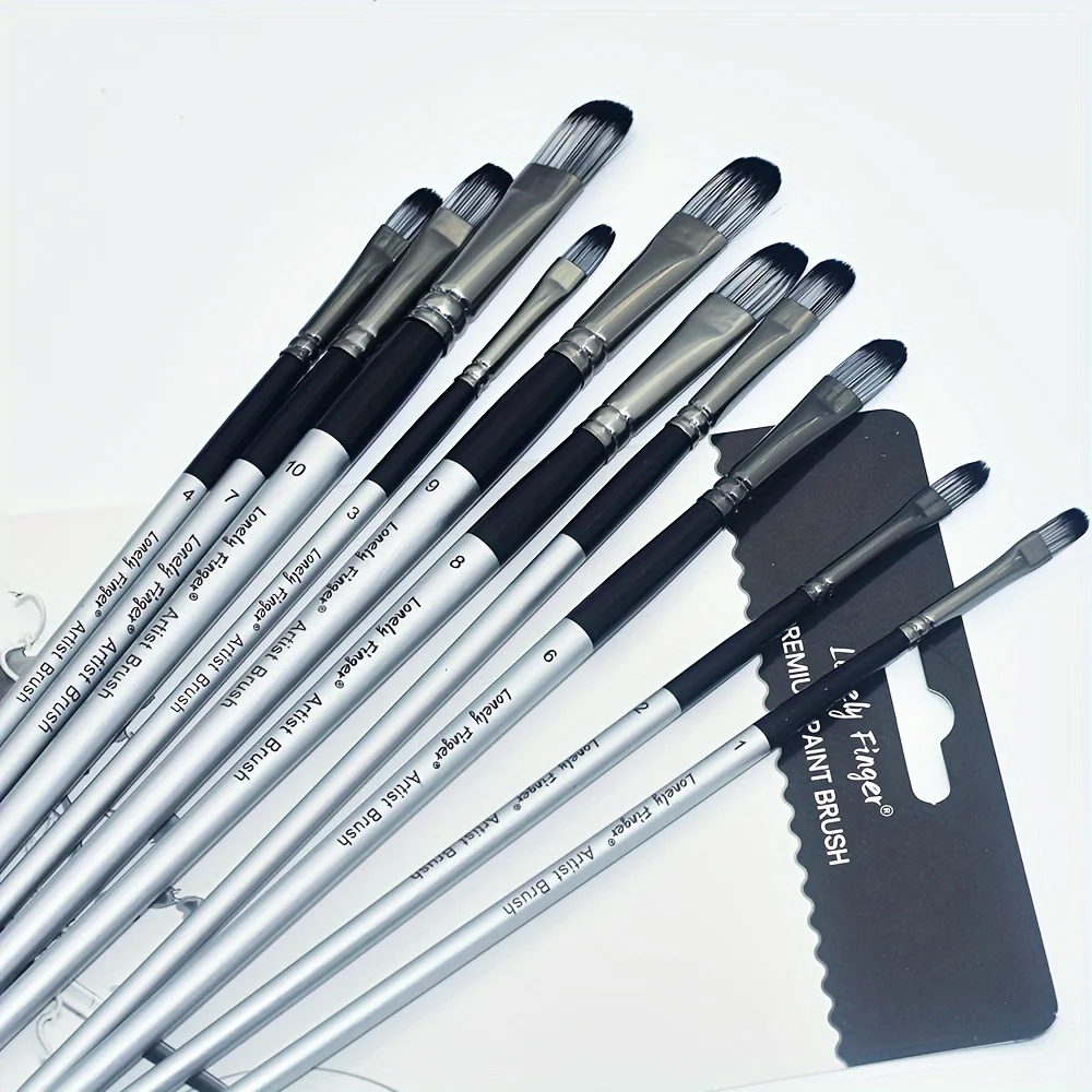 10pcs Professional Filbert Paint Brush Set with Wooden Handles - Durable Nylon Bristles for Acrylic, Watercolor Gouache Painting 5
