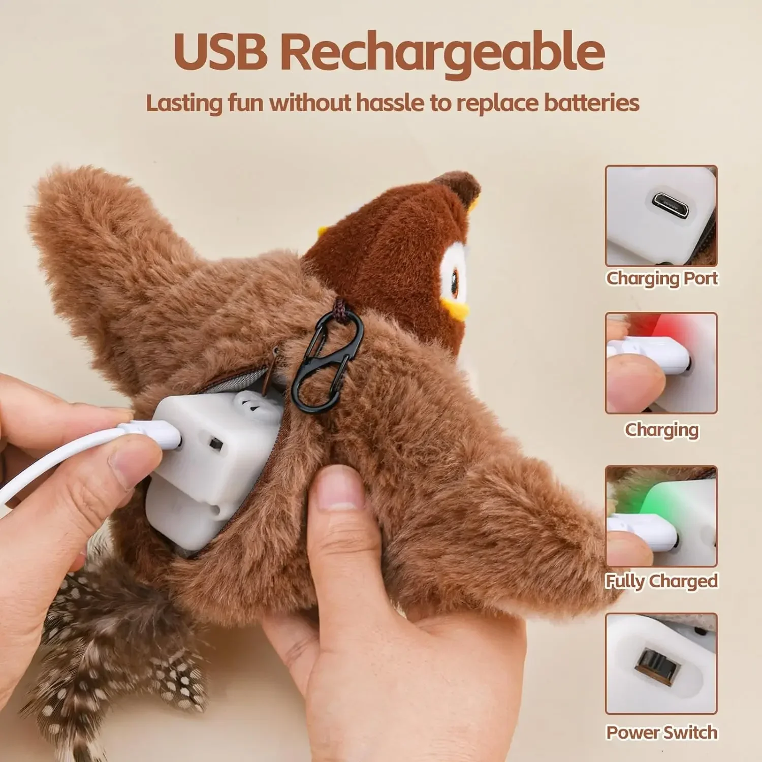 Cat Toys Interactive Rechargeable Chirping Flapping Bird(no Flying) with Catnip for Indoor Cats Touch Activated Plush Toys
