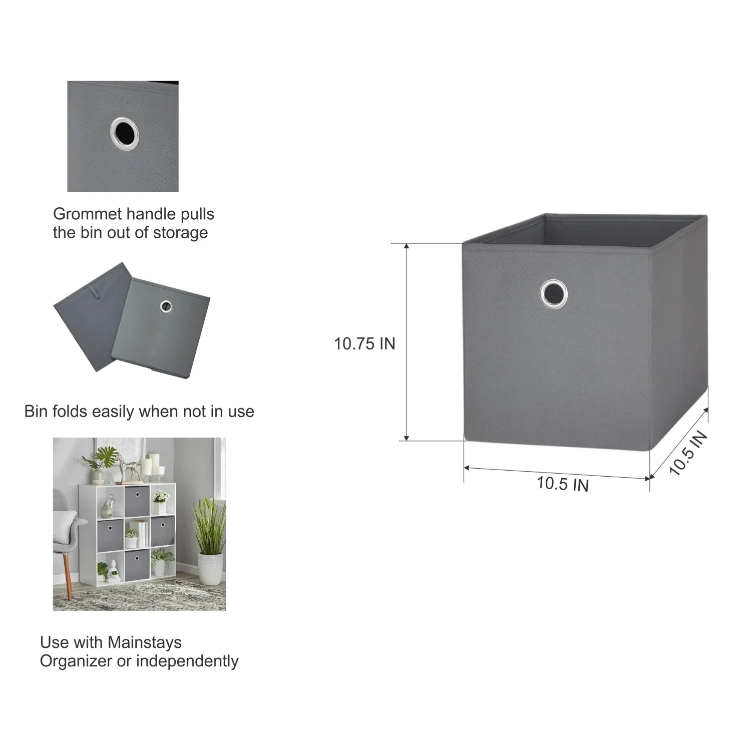 Collapsible Fabric Cube Storage Bins (10.5" x 10.5"), 4 Pack, Grey Flannel 3