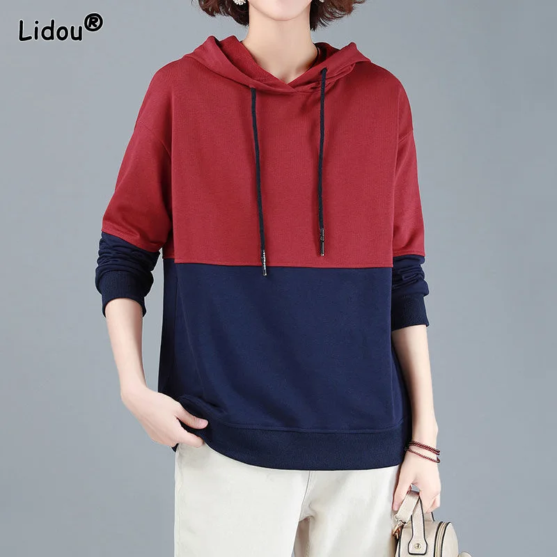 Casual Cotton Blend Contrasting Colors Spliced Hoodies Loose Autumn Winter Hooded Thick Patchwork Draw String Women's Clothing