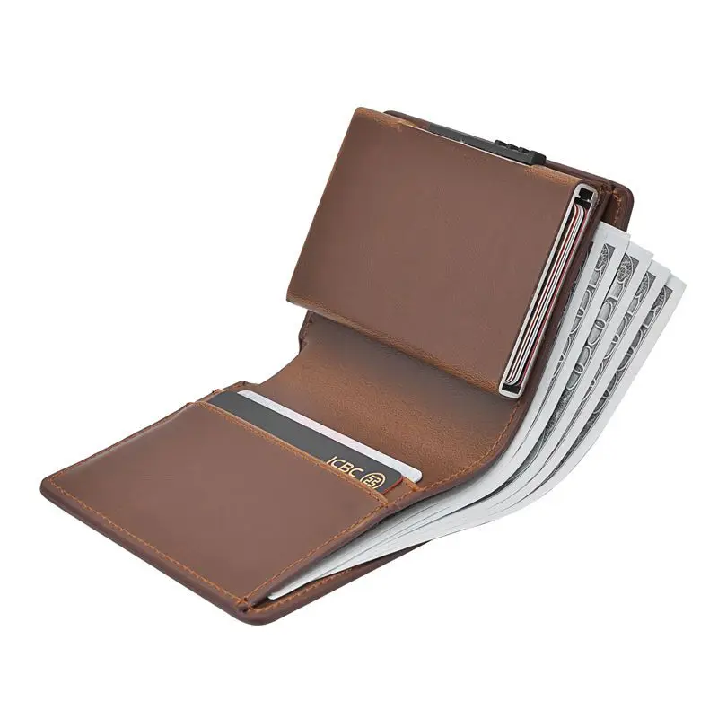 Hot Man's purse Short Wallet Automatic Pop-up Card Case Anti-theft Brush Anti-magnetic Aesthetic Card Case for Birthday Gift
