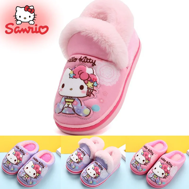 

Sanrios Kawaii Hello Kittys Home Plush Slippers Winter New Sweet Cute Non-slip Indoor Soft Sole Warm Shoes Yk2 Women Flat Shoes