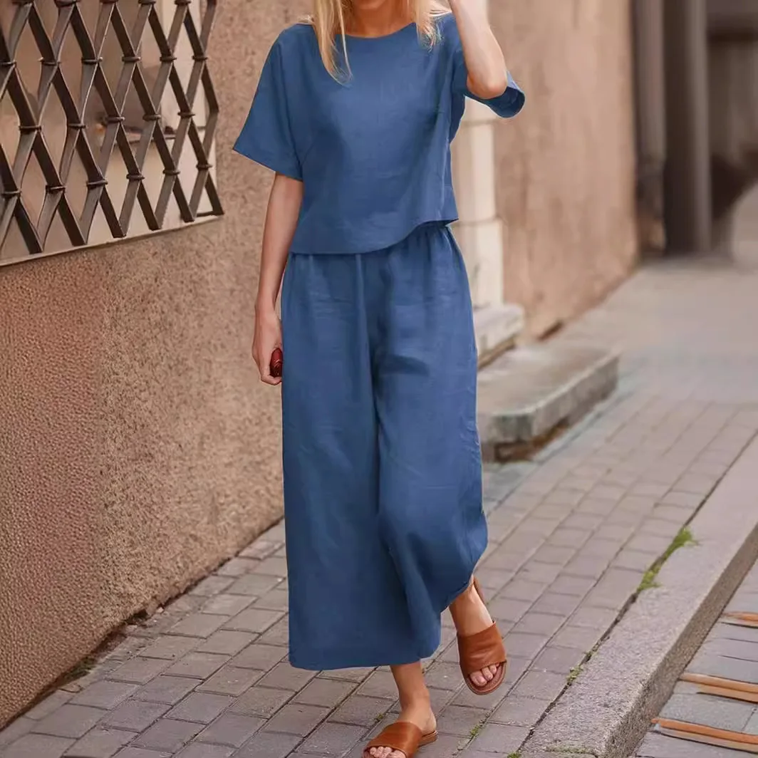 Women Casual Pant Sets High Elastic Waist Wide Leg Loose
