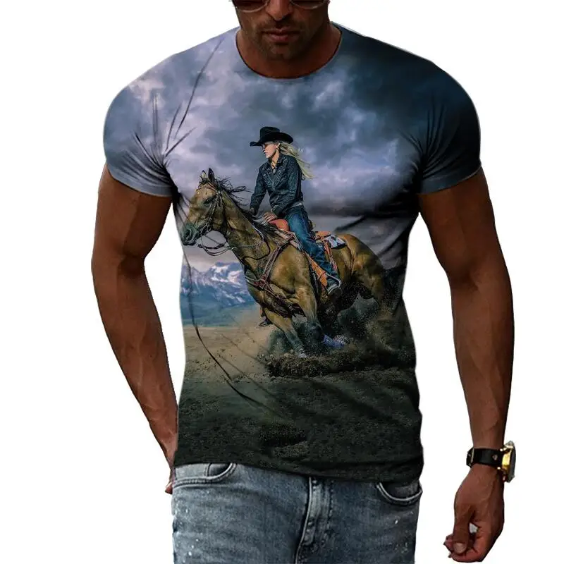 

New Tide Summer Fashion Horse Picture T-shirts Casual Print Tees Hip Hop Personality Round Neck Short Sleeve Tops