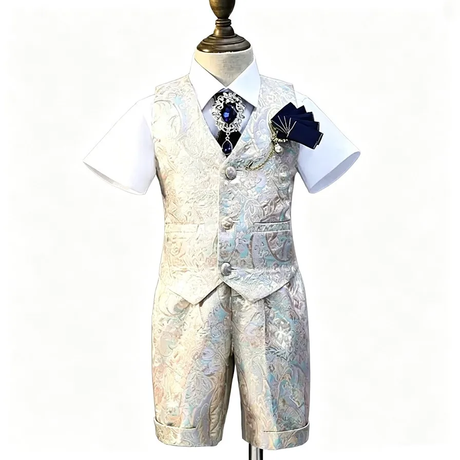 5-teiliges formelles Anzug-Set für Jungen, Jacquard-Weste, Shorts, Hochzeitsanzug, Kinder-Smoking für Klavierauftritte, A2174
