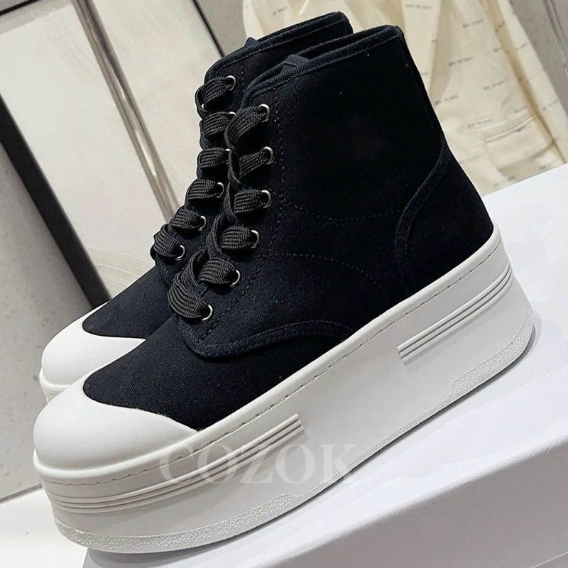 

Women High Top Leisure Shoes Autumn New Concise Style Lace-up Thick Bottom Loafers Round Head Versatile Platform Ladies Shoes