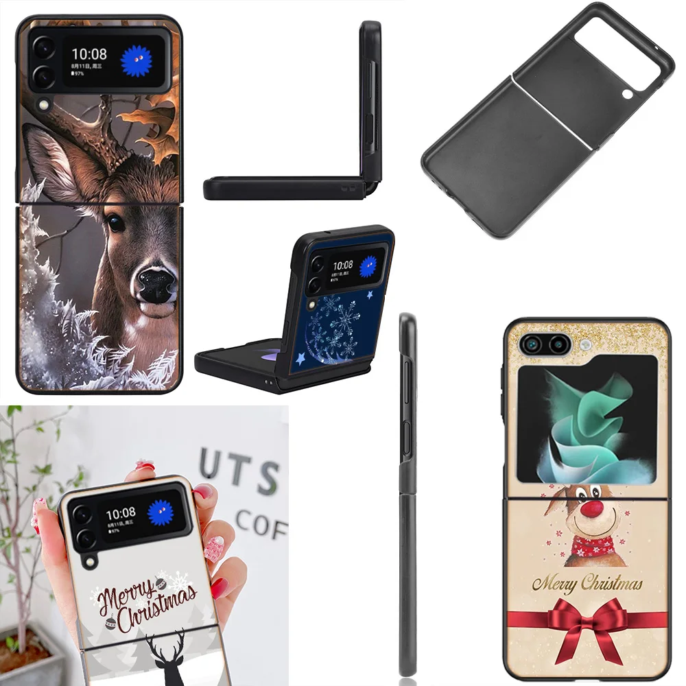 Merry Christmas Deer Tree Snow Coque Case Per Samsung Galaxy Z Flip 5 3 4 5G Flip4 Flip5 Zflip3 Black Hard Pc Phone Shell Protec