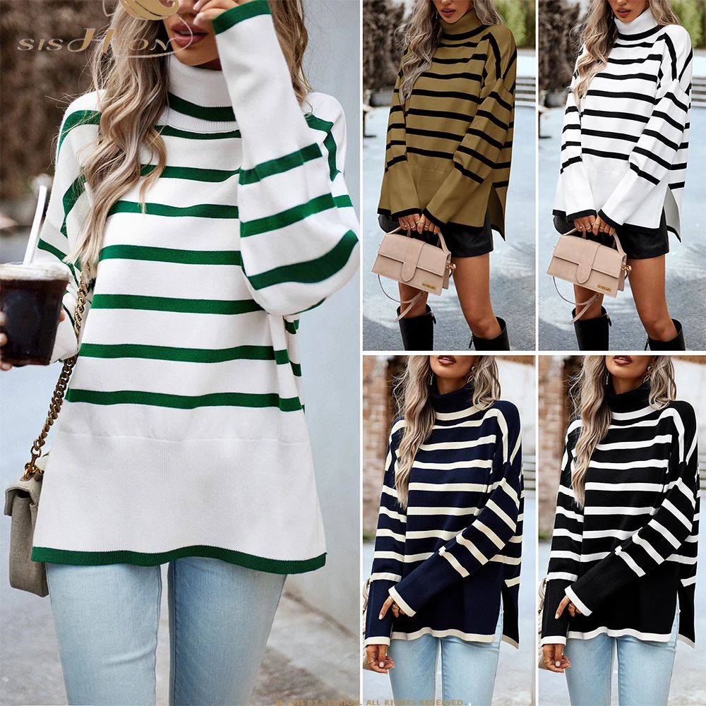 

2023 Autumn Winter Fall Women's Pullover Sweater Casual Long Sleeve Black White Striped Print Knit Sweater Jumper Tops SR1043