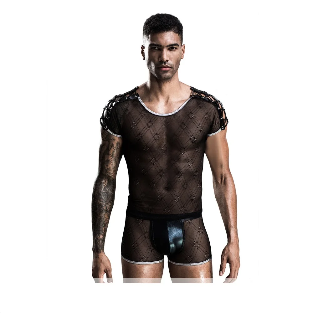 

Man Sexy Mesh Transparent Lingerie Costumes Night Club Waiter Uniform Stylish Male Fliter Short Sleeve Bodysuit