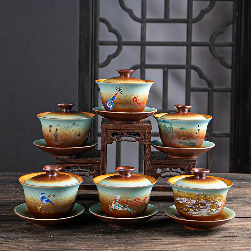 Chinese Ceramic Tea Tureen, Kungfu Tea Cup, Making Device, Ancient Pottery, Teaware Utensils, Vintage Firewood Sancai Gaiwan
