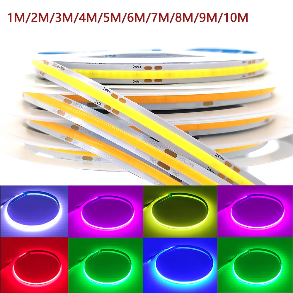 1M-10M DC24V 밝기 조절 COB LED 스트립 조명, 고밀도 선형 유연한 FOB COB LED 스트립 W/CCT/RGB/RGBCCT RA90 소프트 방수