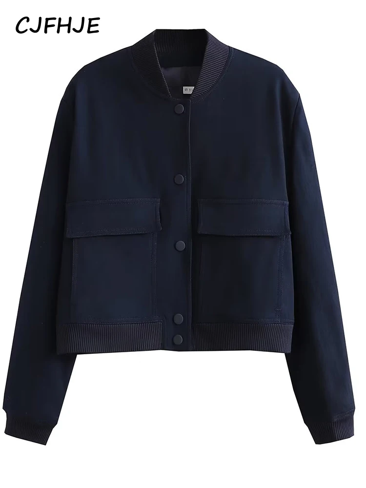 

CJFHJE Dark Blue Cropped Jacket Women Long Sleeves Big Pockets Jacket Korean Chic Lady High Street Casual Coats Tops Female New