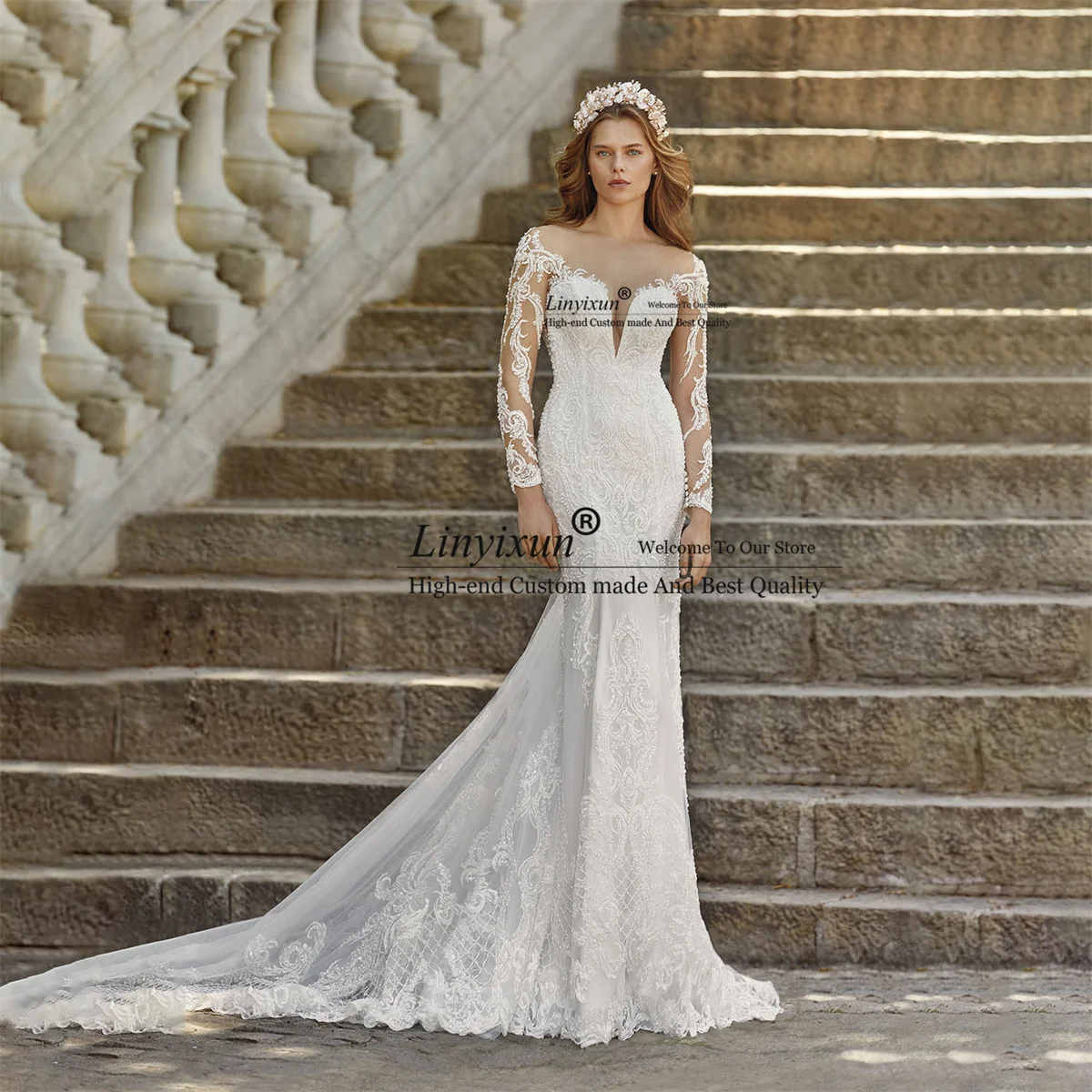 

Romatic Long Sleeves Lace Wedding Dress With Appliques Scoop Neck Mermad Bridal Gowns Women Long Sweep Train Vestido De Noiva