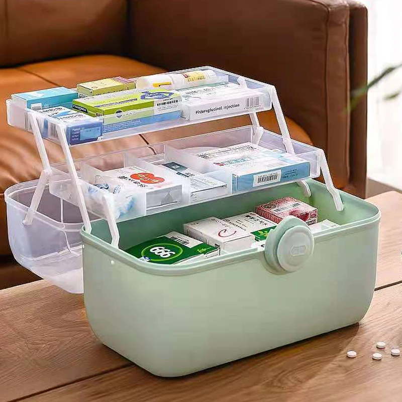 Aid Kit Storage Box Folding 3 Tiers Plastic High Capacity Family Emergency Kit Box Organizer with Handle Portable Medicine Chest
