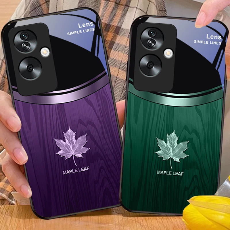 Wood Grain Maple Leaf Tempered Glass Black Phone Case