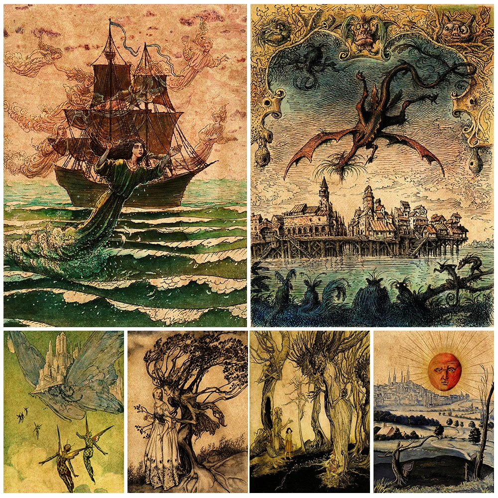 

Love Story Of Tree Spirit Vintage Wall Art Canvas Print,Air Castle Of Spirit,Sea Demon,Flying Dragon Art Poster And Print Decor