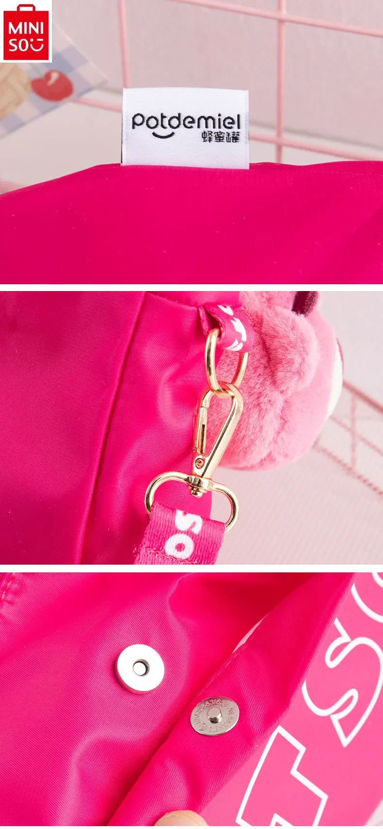 MINISO Disney Cartoon Strawberry Bear Doll Pendant Large Capacity Underarm Bucket Bag Student Cute High Quality Handbag