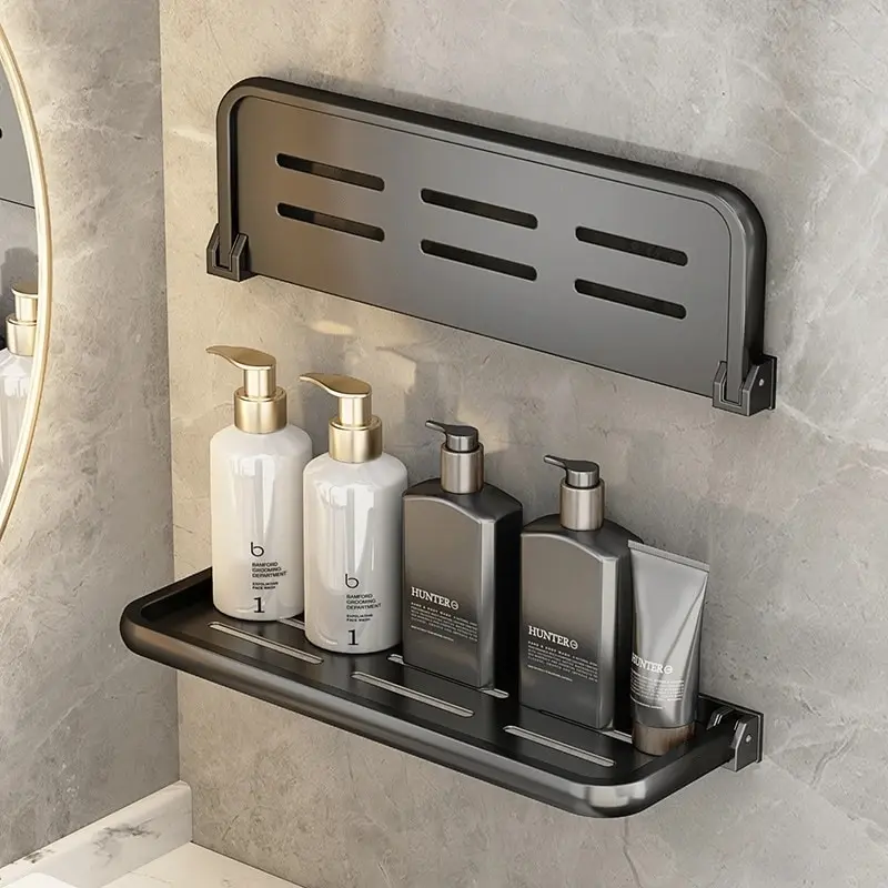 

Punch Free Bathroom Storage Rack 30-50cm Black Fold Shelf Space Aluminum Bathroom Kitchen Shelves Shampoo Holder Home Accessory